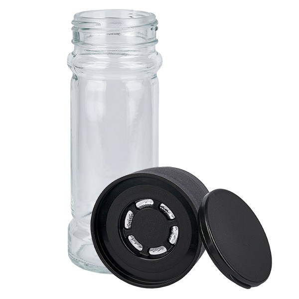 Bote para especias de forma cilíndrica de 100 ml con rosca de 41 mm, vidrio transparente con tapa de rosca para molinillo, negro