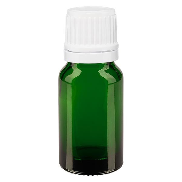 Frasco de farmacia verde, 10 ml, tapón cuentagotas blanco, 1,2 mm, con precinto de originalidad