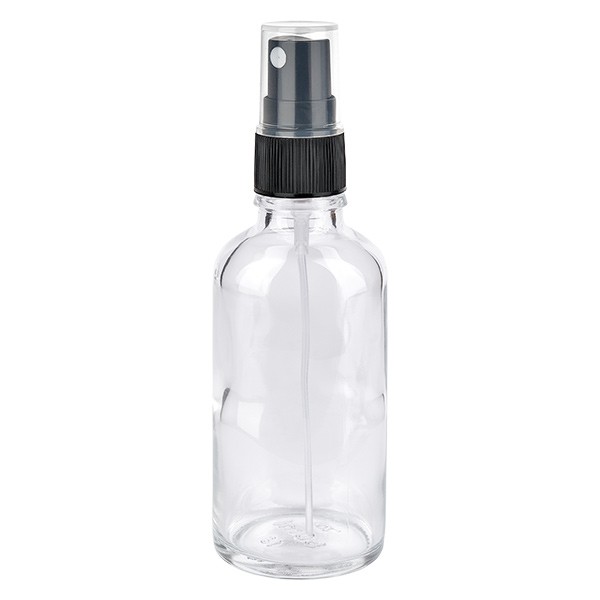 Frasco de vidrio transparente de 50 ml con atomizador negro