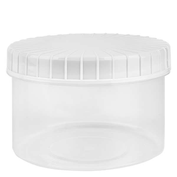 Bote de plástico, 250 ml, transparente, con tapa de rosca blanca estriada de PE, tipo de cierre estándar