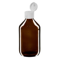 Frasco de medicina según norma europea de 250 ml, ámbar, con tapón bisagra blanco Frasco de medicina según norma europea de 250 ml, ámbar, con tapón bisagra blanco