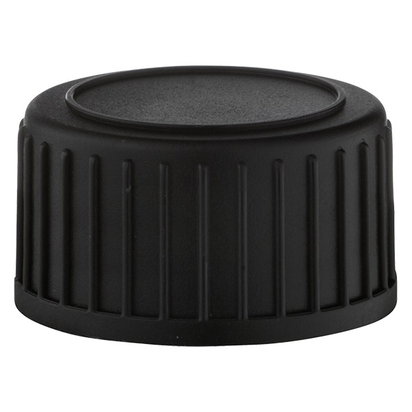 Tapón de rosca DIN 22 negro de PP con disco de sellado de PEE