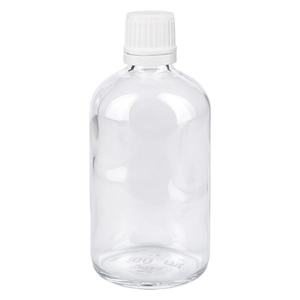 Frasco de farmacia transparente, 100 ml, tapón cuentagotas blanco, 1,2 mm, con precinto de originalidad
