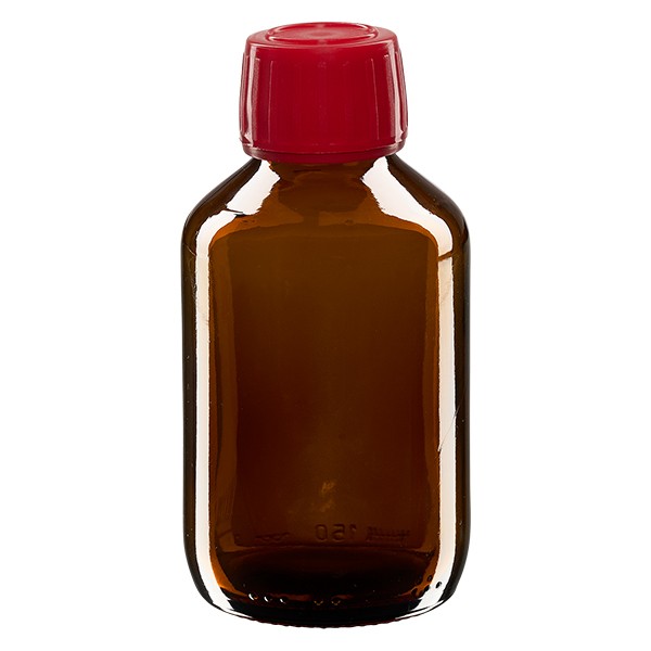 Frasco de medicina según norma europea de 150 ml ámbar con tapón de rosca rojo con precinto de originalidad