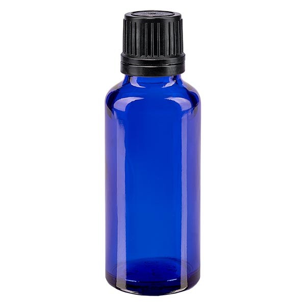 Frasco de farmacia azul, 30 ml, tapón cuentagotas premium negro, 1 mm, con precinto de originalidad