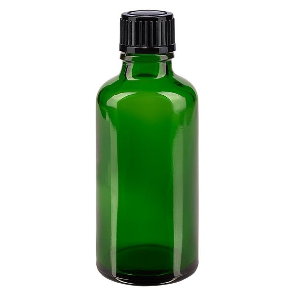 Frasco de farmacia verde, 50 ml, tapón cuentagotas negro, 1 mm, estándar