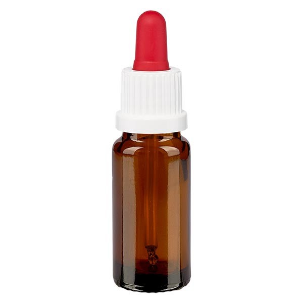 Frasco con pipeta cuentagotas ámbar, 10 ml, pipeta blanca/roja, precinto de originalidad