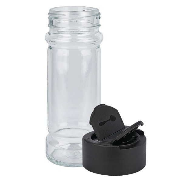 Bote para especias de forma cilíndrica de 100 ml con rosca de 41 mm, vidrio transparente con tapa de rosca para espolvorear, negro