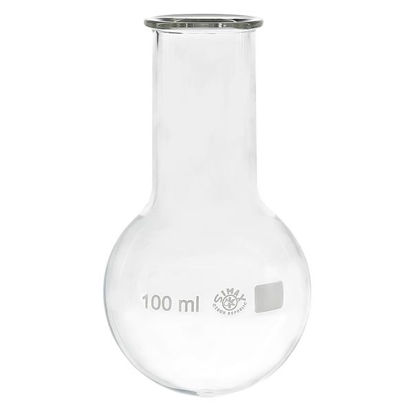 Matraz con fondo redondo de 100 ml de cuello ancho, borosilicato, con reborde