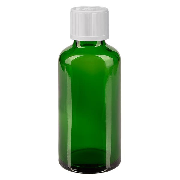 Frasco de farmacia verde, 50 ml, tapón de rosca blanco, con seguro para niños, estándar