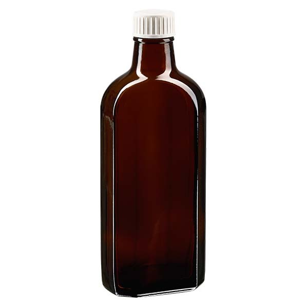 Botella meplat ámbar de 250 ml con boca DIN 28, con tapón de rosca con precinto de originalidad DIN 28 blanco de P
