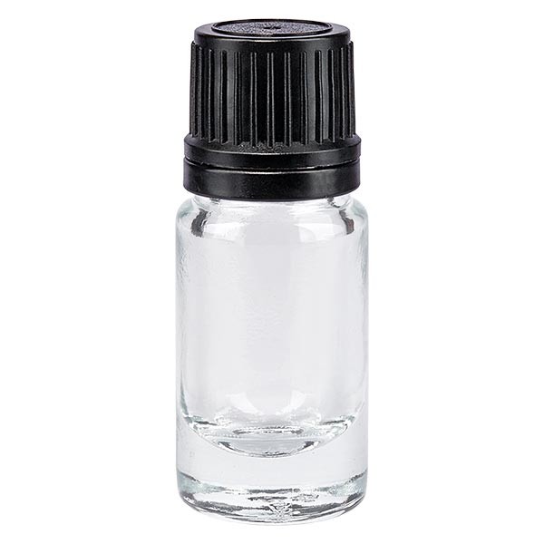 Frasco de farmacia transparente, 5 ml, tapón de rosca negro, anillo de vertido, precinto de originalidad
