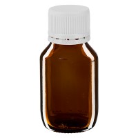 Frasco de medicina según norma europea de 50 ml, ámbar, con tapón blanco Frasco de medicina según norma europea de 50 ml, ámbar, con tapón blanco