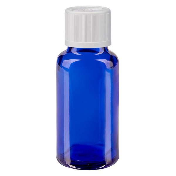 Frasco de farmacia azul, 20 ml, tapón cuentagotas blanco, con seguro para niños, estándar