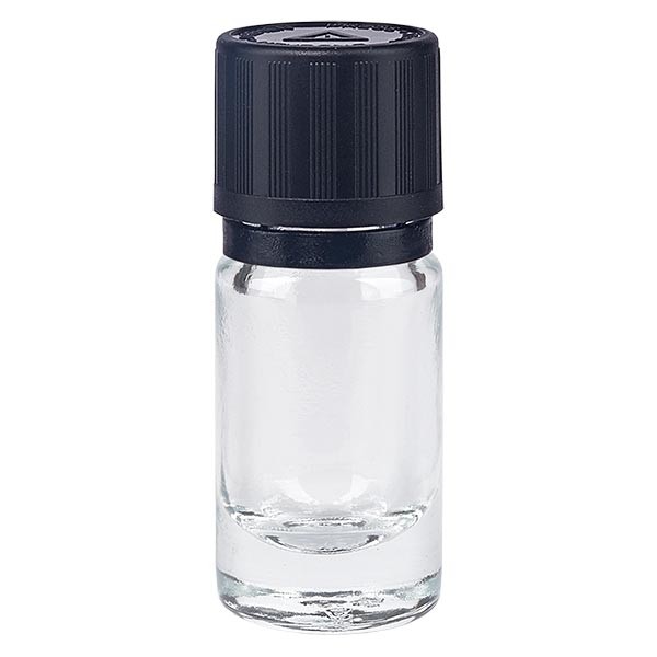 Frasco de farmacia transparente, 5 ml, tapón cuentagotas negro premium, 1 mm, con seguro para niños, señalización táctil para ciegos y precinto de originalidad