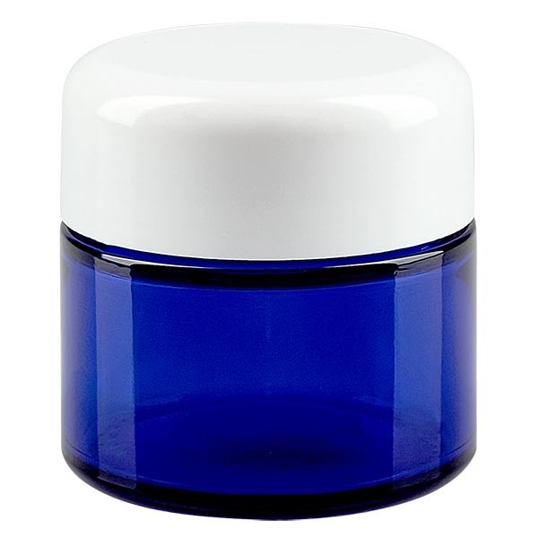 Frasco de vidrio de 50 ml, azul real, con tapa, rosca de 52 mm