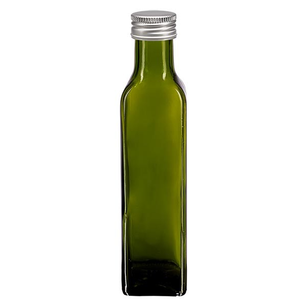Botella de aceite, 250 ml, cuadrada, verde, incluye tapón de rosca plateado de aluminio (PP, 24 mm)