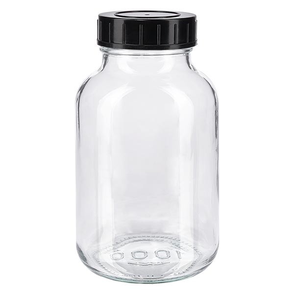 Frasco de cuello ancho de 1000 ml, vidrio transparente con tapa de rosca