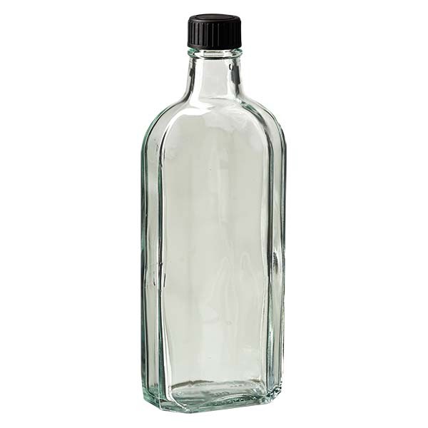 Botella meplat blanca de 250 ml con boca DIN 22, con tapón de rosca DIN 22 negro de PEE (