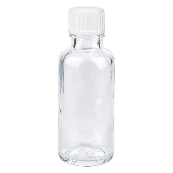 Frasco de farmacia transparente, 30 ml, tapón cuentagotas blanco, 0,8 mm, estándar