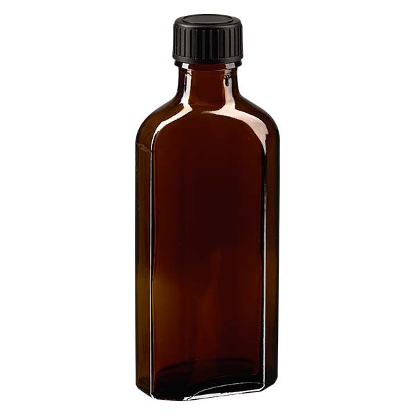 Botella meplat ámbar de 100 ml con boca DIN 22, con tapón de rosca DIN 22 negro de PEE (