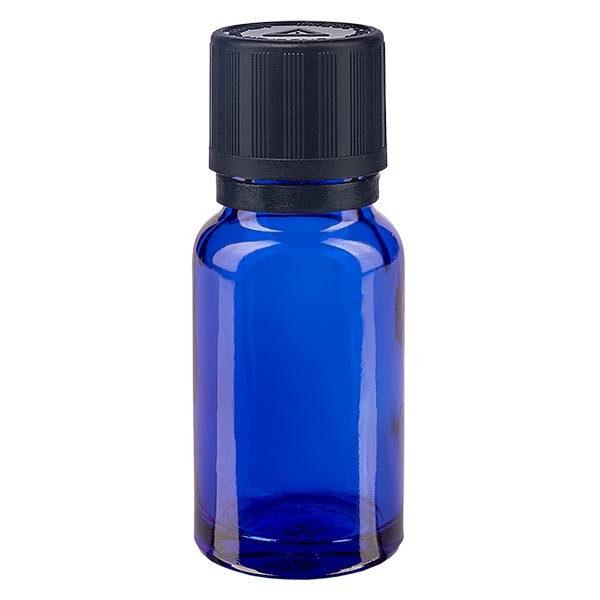 Frasco de farmacia azul, 10 ml, tapón cuentagotas premium negro, 1 mm, con seguro para niños, señalización táctil para ciegos y precinto de originalidad