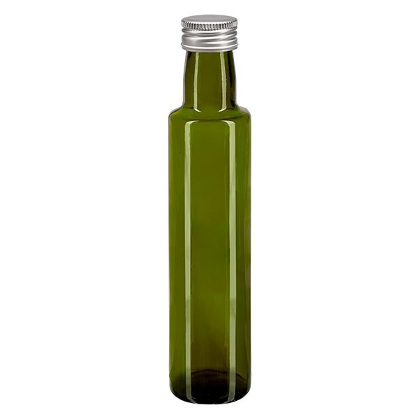 Botella de aceite, 250 ml, redonda, verde, incluye tapón de rosca plateado de aluminio (PP, 31,5 mm)