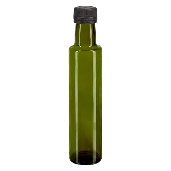 Botella de aceite, 250 ml, redonda, verde, incluye tapón de rosca negro (PP, 31,5 mm) con anillo de vertido con precinto de originalidad