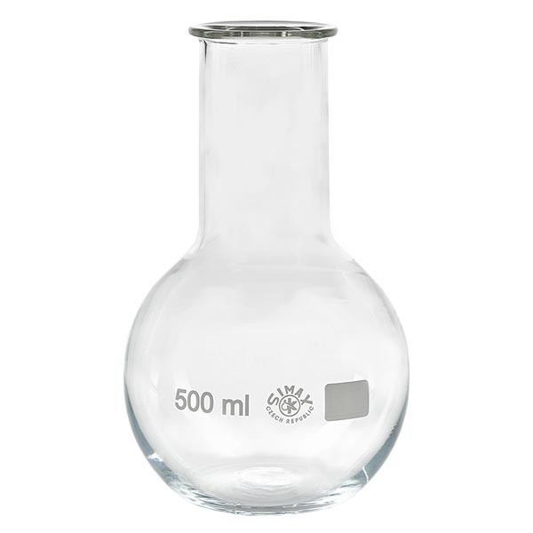 Matraz con fondo plano de 500 ml de cuello ancho, borosilicato, con reborde