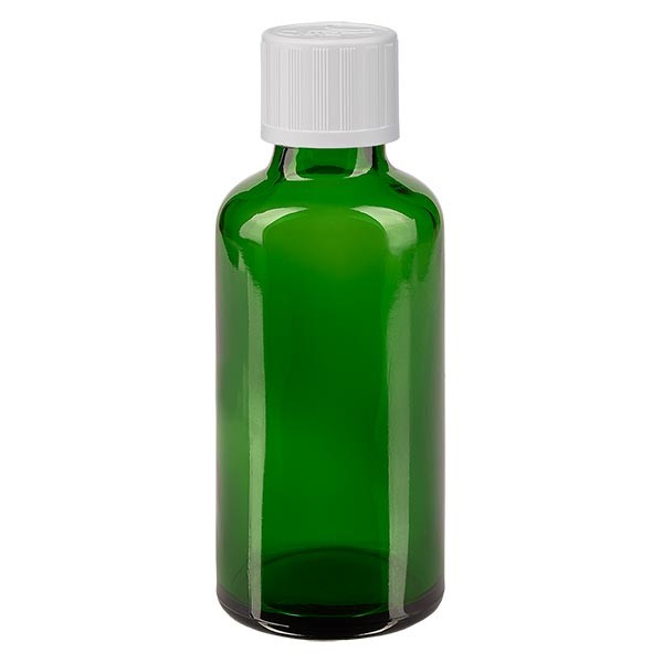 Frasco de farmacia verde, 50 ml, tapón cuentagotas blanco, con seguro para niños, estándar