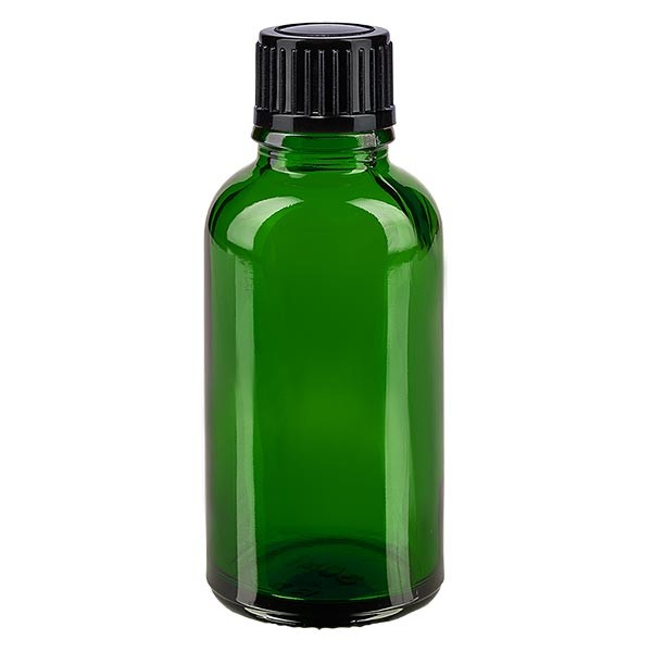 Frasco de farmacia verde, 30 ml, tapón de rosca negro, estándar