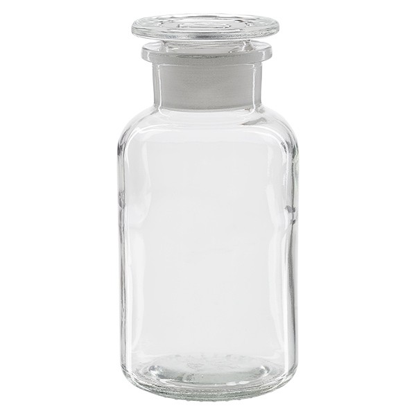 Frasco de farmacia de 500 ml, cuello ancho, vidrio transparente, con tapón de vidrio