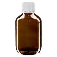 Frasco de medicina según norma europea de 200 ml, ámbar, con tapón blanco Frasco de medicina según norma europea de 200 ml, ámbar, con tapón blanco