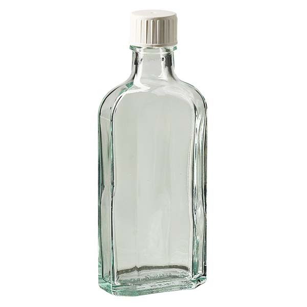 Botella meplat blanca de 125 ml con boca DIN 22, con tapón de rosca DIN 22 blanco con anillo de vertido
