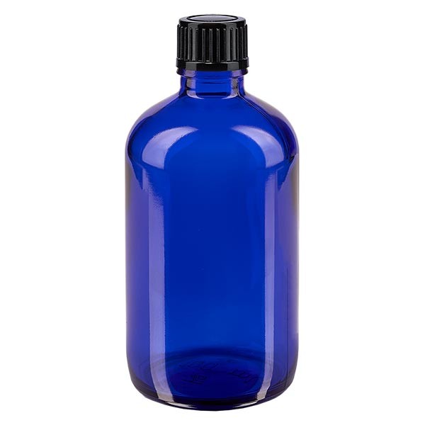 Frasco de farmacia azul, 100 ml, tapón cuentagotas negro, 1 mm, estándar
