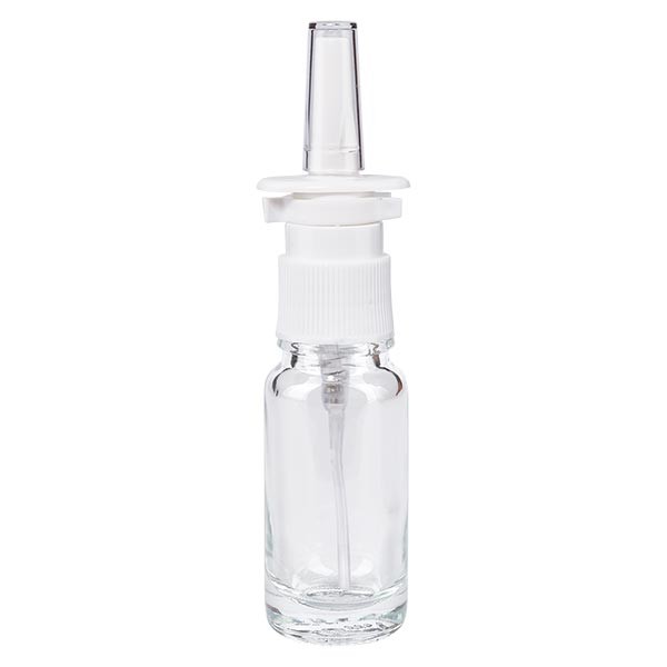 Frasco de vidrio transparente de 10 ml con espray nasal blanco