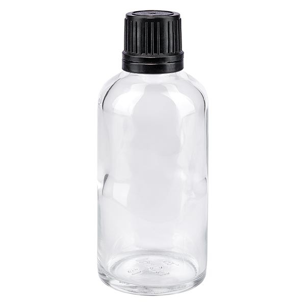 Frasco de farmacia transparente, 50 ml, tapón cuentagotas premium negro, 1 mm, con precinto de originalidad