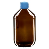 Frasco de medicina según norma europea de 500 ml de color ámbar con tapón de rosca azul con precinto de originalidad Frasco de medicina según norma europea de 500 ml de color ámbar con tapón de rosca azul con precinto de originalidad