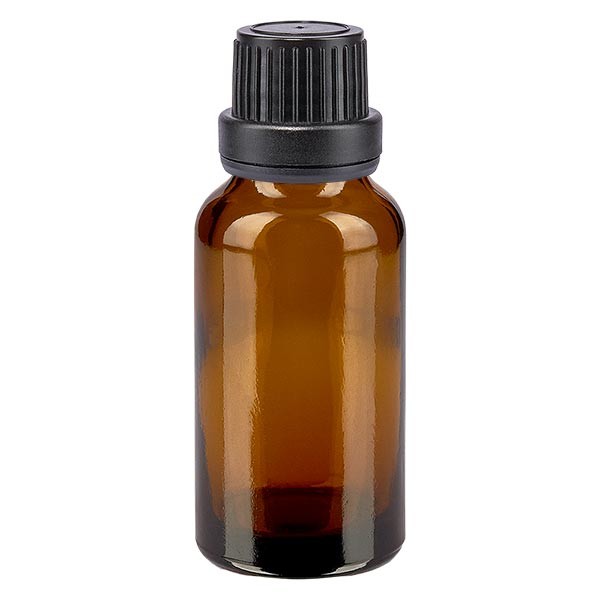Frasco de farmacia ámbar, 20 ml, tapón cuentagotas premium negro, 2 mm, con precinto de originalidad