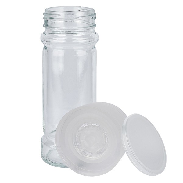 Bote para especias de forma cilíndrica de 100 ml con rosca de 41 mm, vidrio transparente con tapa de rosca para molinillo, transparente