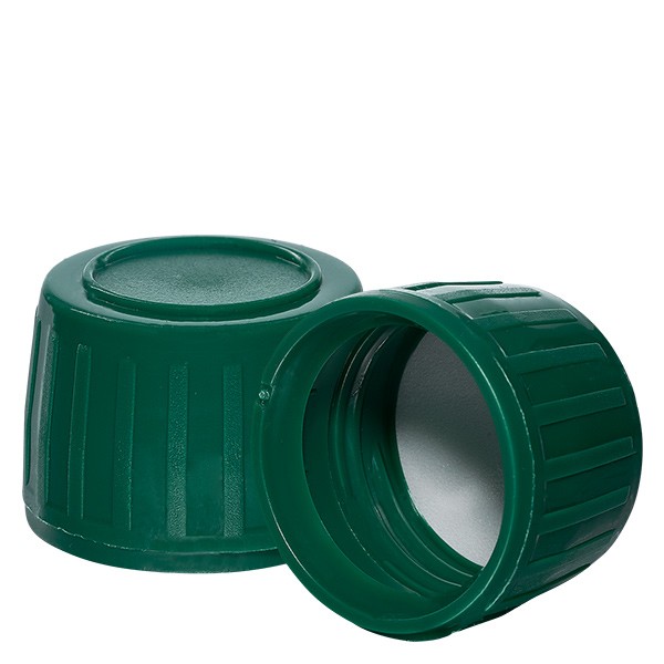 Tapón de rosca verde, 28 mm para frascos de medicina (precinto de originalidad) con disco de sellado de PEE