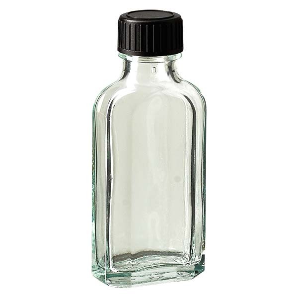 Botella meplat blanca de 50 ml con boca DIN 22, con tapón de rosca DIN 22 negro de LKD