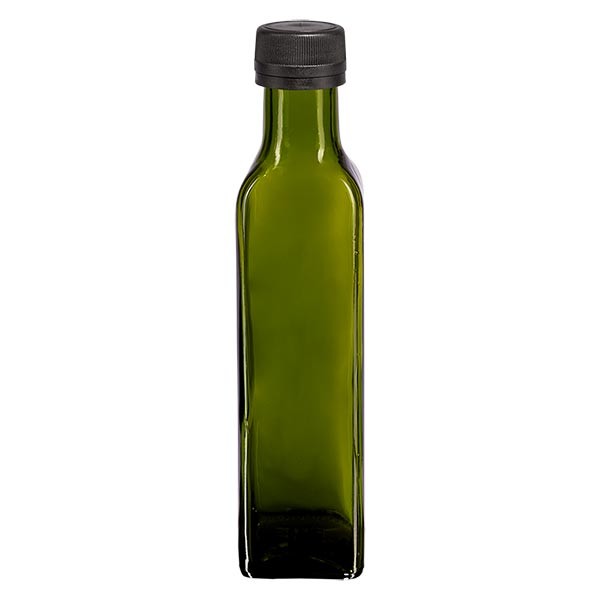 Botella de aceite, 250 ml, cuadrada, verde, incluye tapón de rosca negro (PP, 31,5 mm) con anillo de vertido con precinto de originalidad