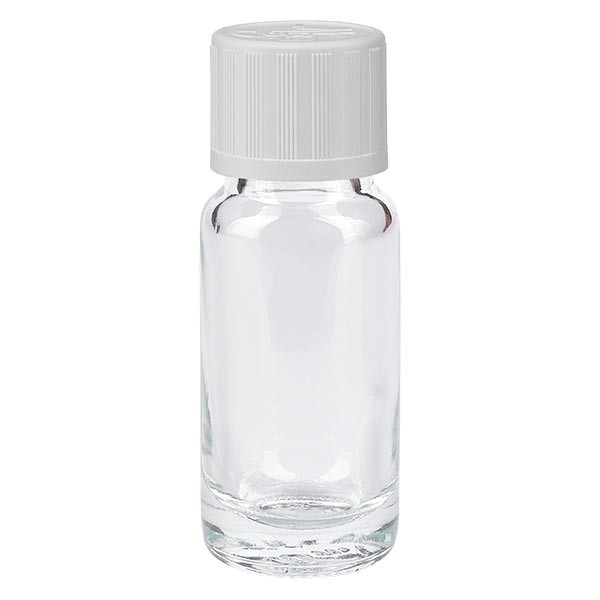 Frasco de farmacia transparente, 10 ml, tapón de rosca blanco, con seguro para niños, estándar