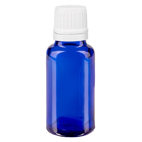 Frasco de farmacia azul, 20 ml, tapón cuentagotas blanco, 1,2 mm, con precinto de originalidad