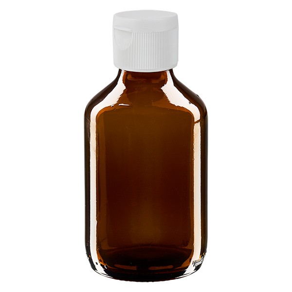 Frasco de medicina según norma europea de 200 ml, ámbar, con tapón bisagra blanco