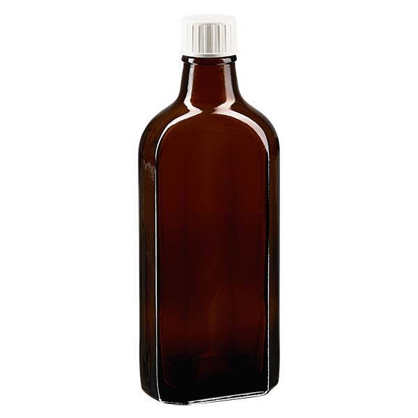 Botella meplat ámbar de 200 ml con boca DIN 22, con tapón de rosca DIN 22 blanco de PP con