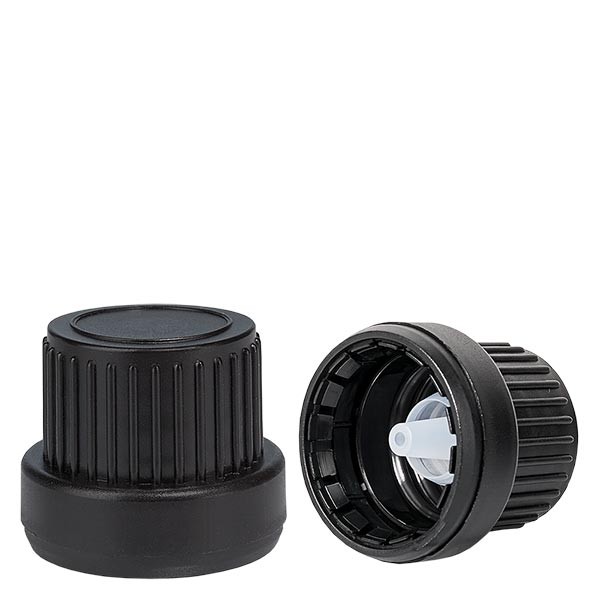 Tapón cuentagotas de 2 mm premium negro de 18 mm con precinto de originalidad