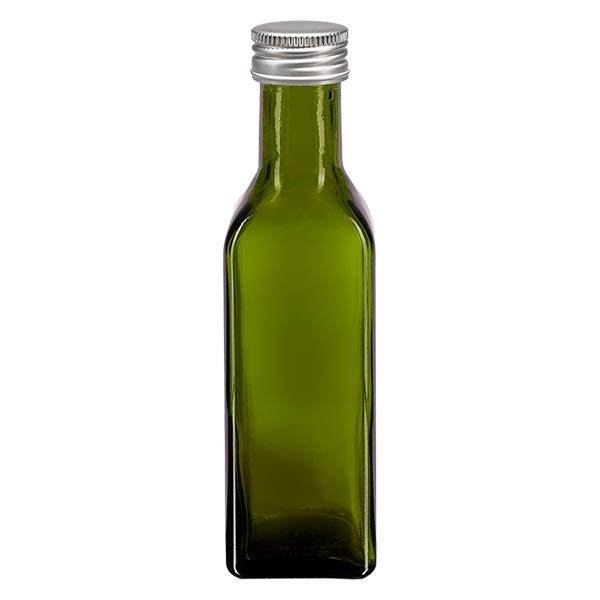 Botella de aceite, 100 ml, cuadrada, verde, incluye tapón de rosca plateado de aluminio (PP, 24 mm)
