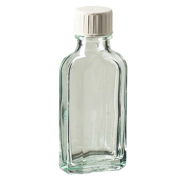 Botella meplat blanca de 50 ml con boca DIN 22, con tapón de rosca DIN 22 blanco con anillo de vertido